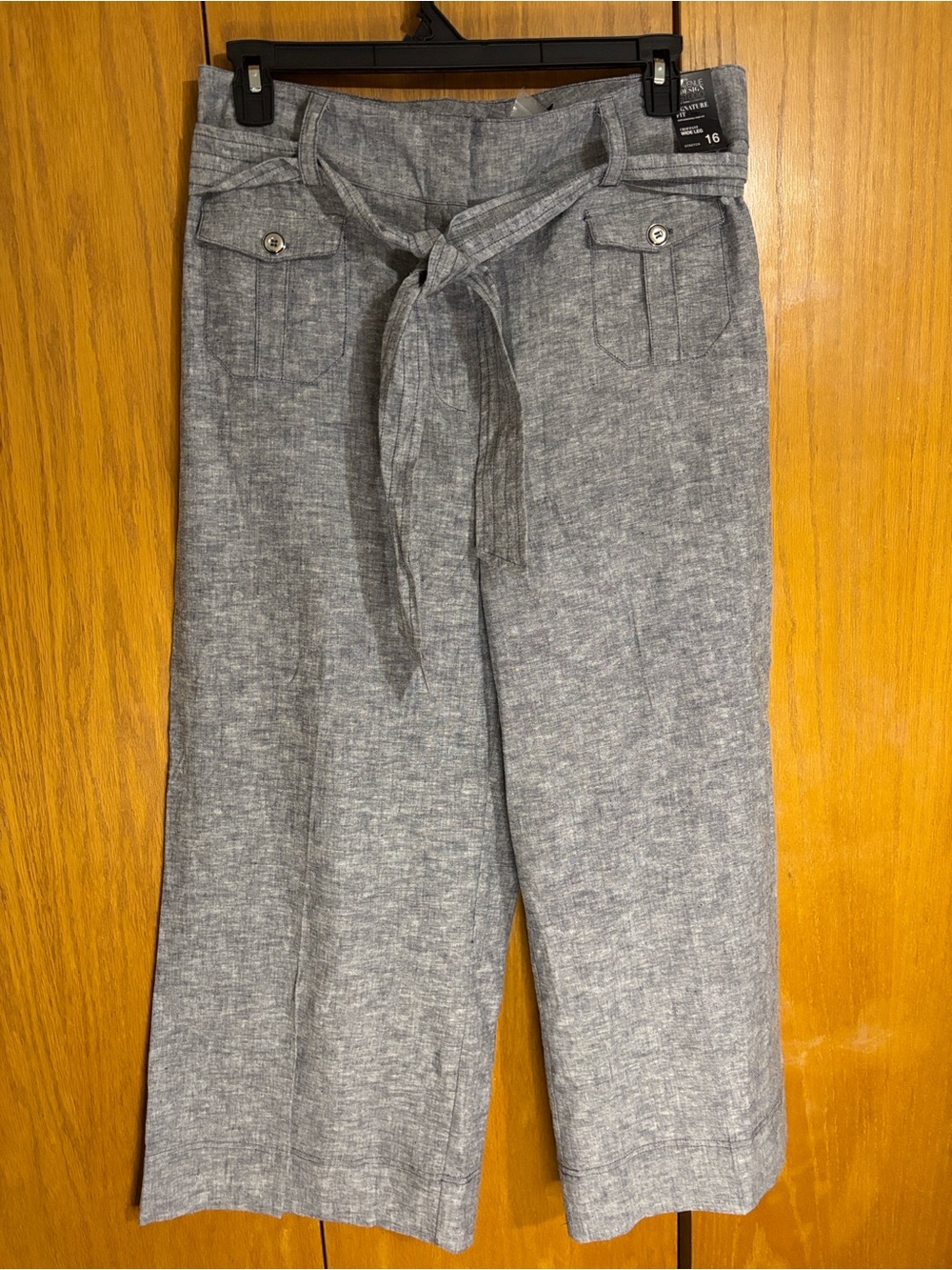 Wide-Leg Tie-Waist Pants - Gray 53% linen 44% cotton 3% spandex wide leg size 16